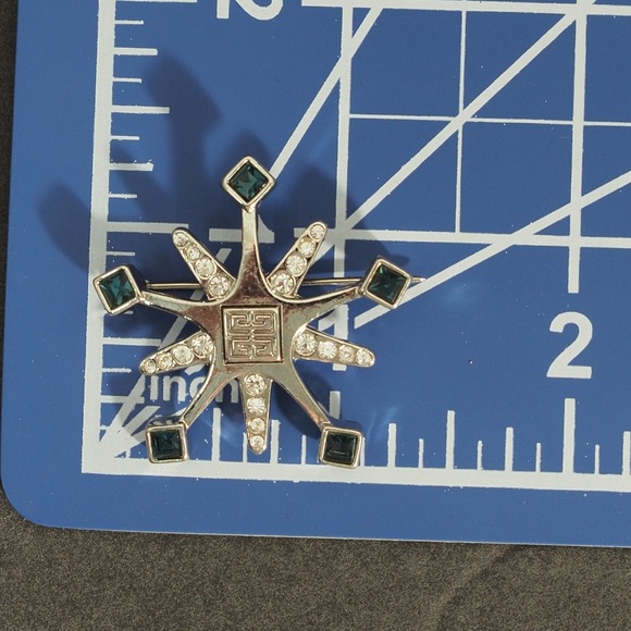 Givenchy Brooch Pin Silver Tone Clear Blue Rhinestone Starburst Logo Chic VTG - Picture 3 of 11